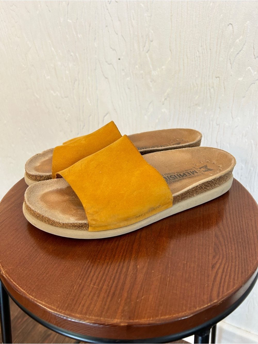 MEPHISTO Hanik Slide Sandals Yellow Nubuck Leather Sz 38/8 Cork Footbed Comfort